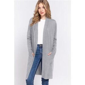 ACTIVE BASIC Open Front Rib Trim Long Sleeve Knit Cardigan‎